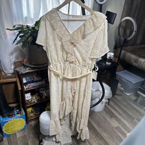 Fair Haven White Tan Floral‎ Print High Low Ruffle Midi Dress Size Large